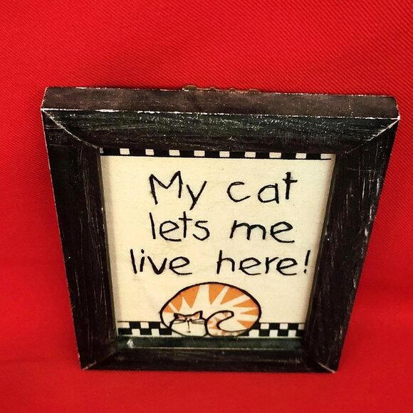 Distressed Framed Art Embroidered My Cat Lets Me Live Here - Picture 3 of 10